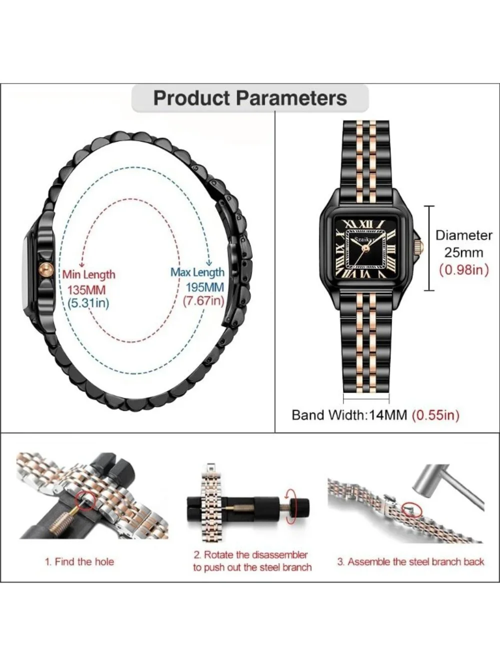 Women's Rose/ Gold/Black Square Dial Dainty Vintage Stainless Steel Band Watches